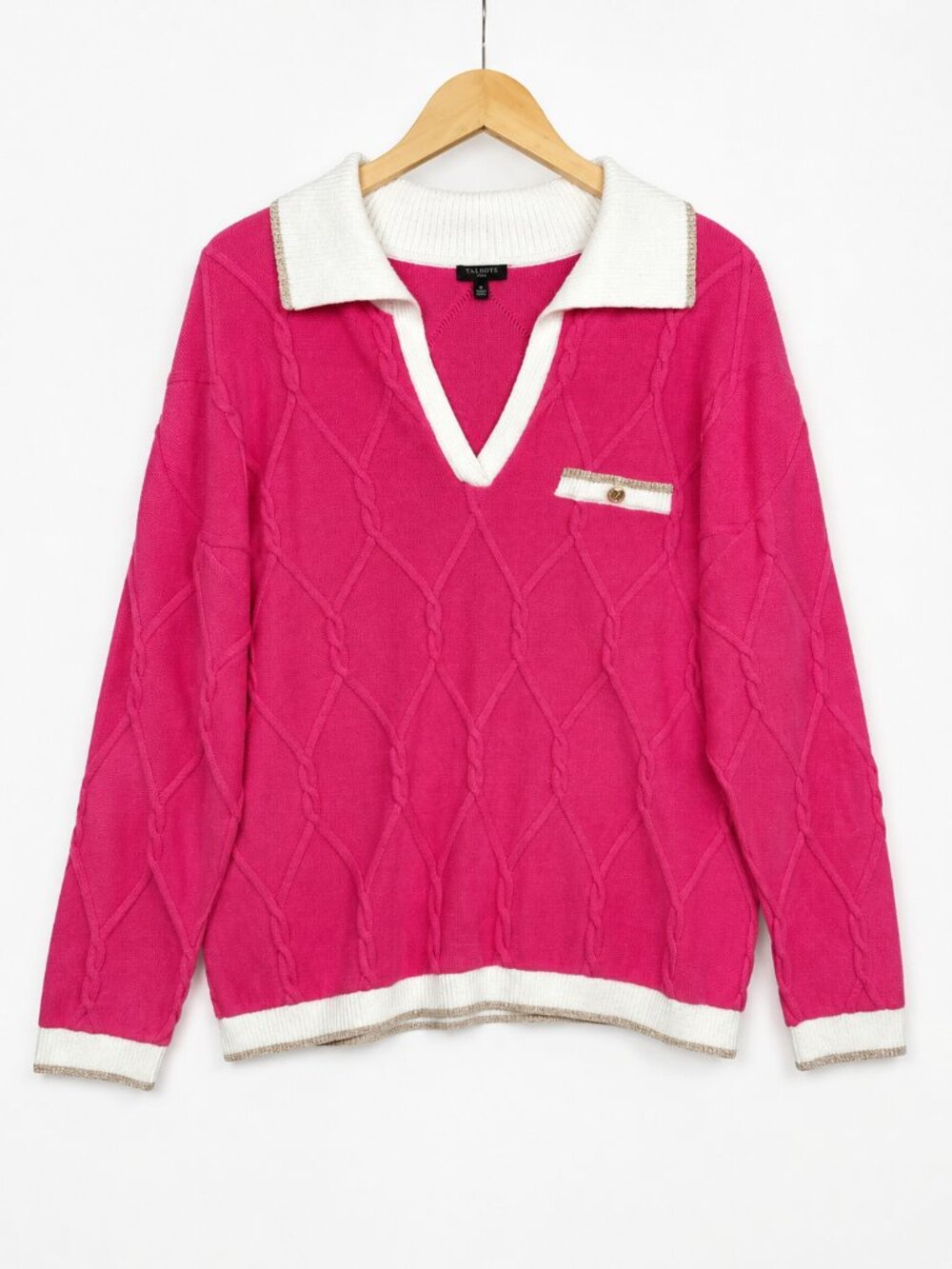 Talbots Womens Plus 2X Pink Cable Knit Polo Sweater White Trim Gold Preppy